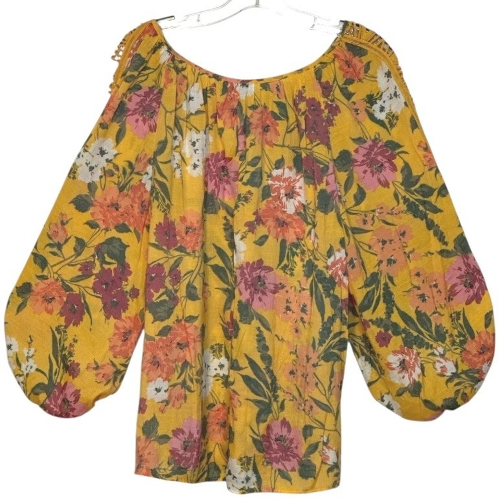 Unique‎ Spectrum Peasant Blouse Yellow Floral Balloon Sleeve Boho Vacation XL